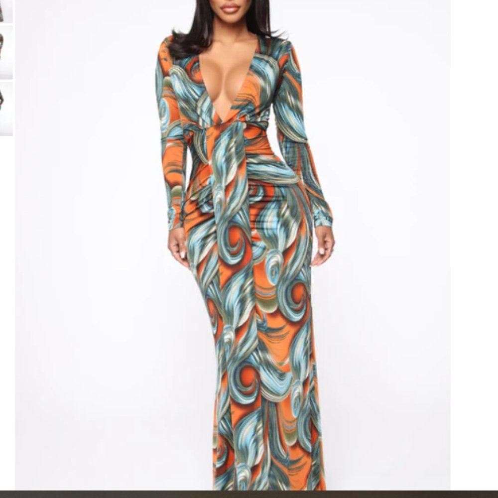 fashion nova - dream wave maxi dress - orange/combo **NEVER WORN**